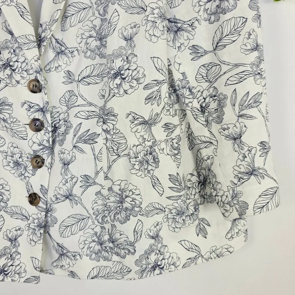 Cato Blazer XL White Gray Floral Linen Blend Lightweight Spring Office Chic